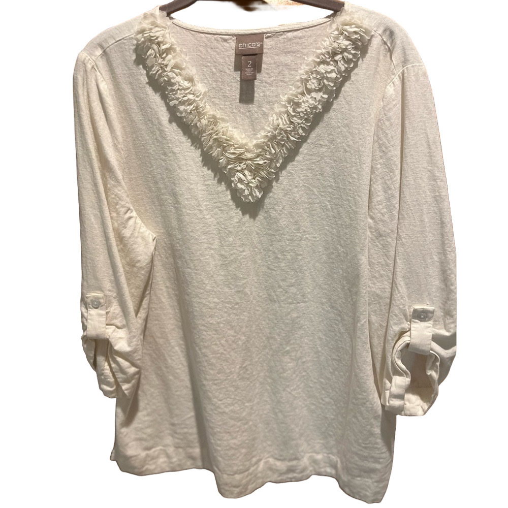 Chico's Cream V-Neck Blouse with Floral Trim